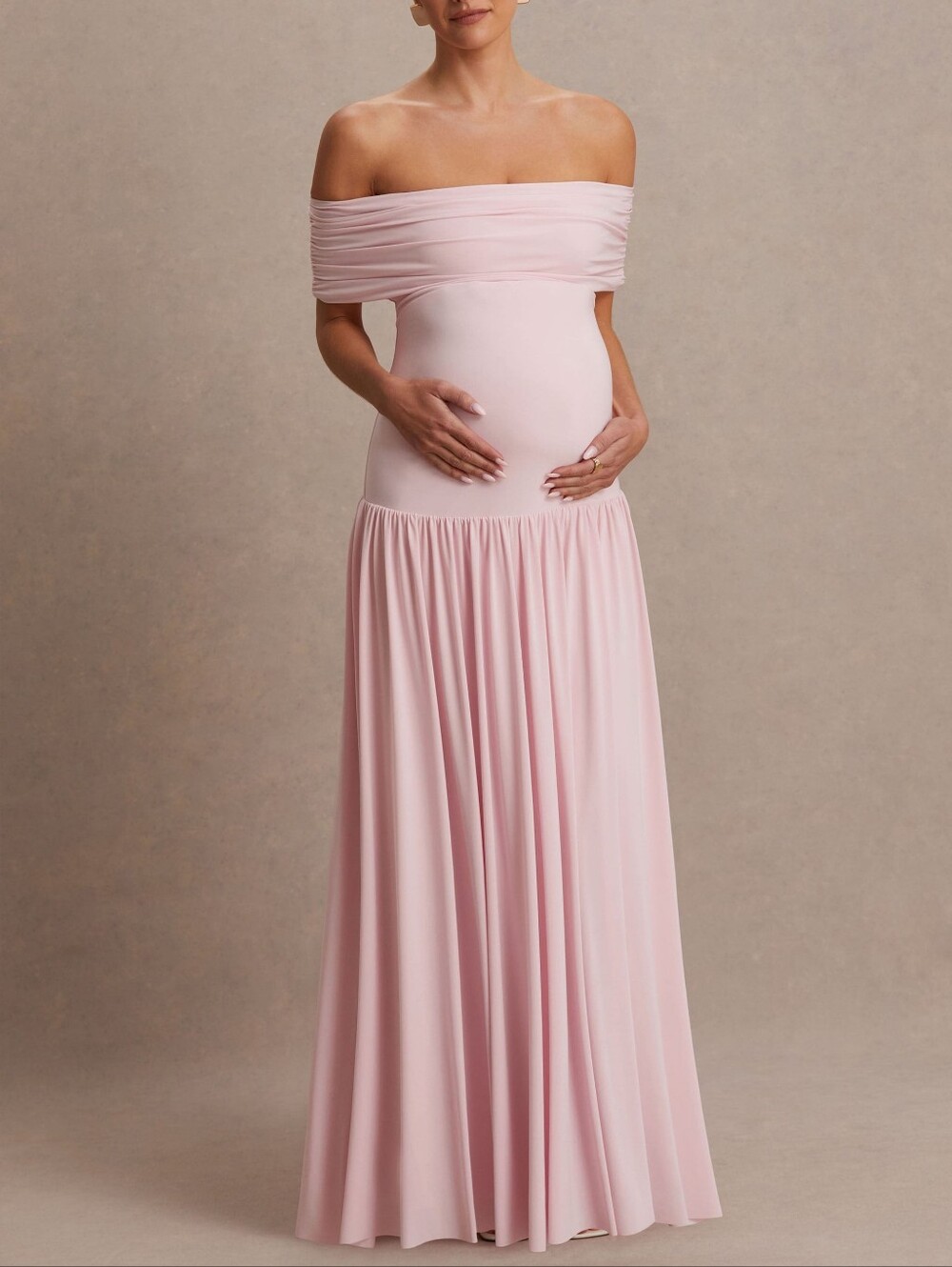 $150 Club L Juliette Blush Pink Bardot-Neck Maternity Maxi Dress With Drop-Waist